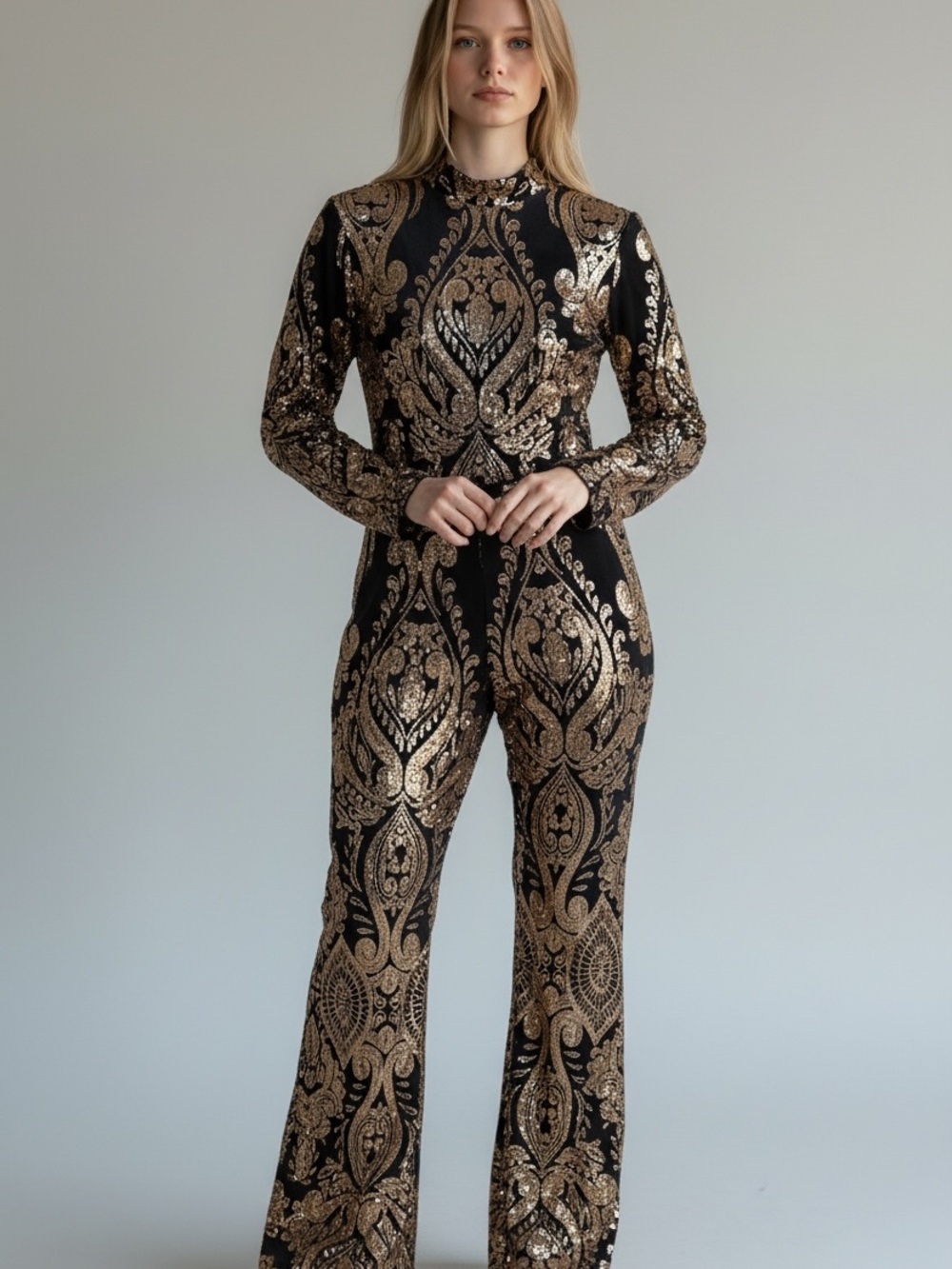 Faeriesty Black and Gold Baroque Sequin Jumpsuit